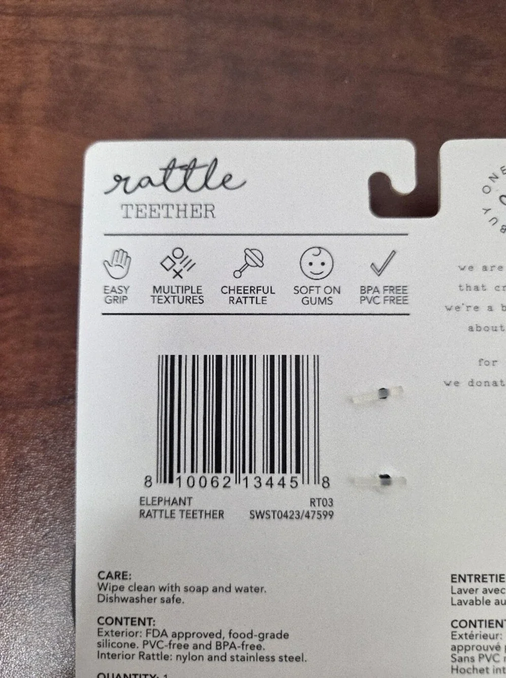 Bella Tunno Elephant Rattle Teether - Gray Nwt